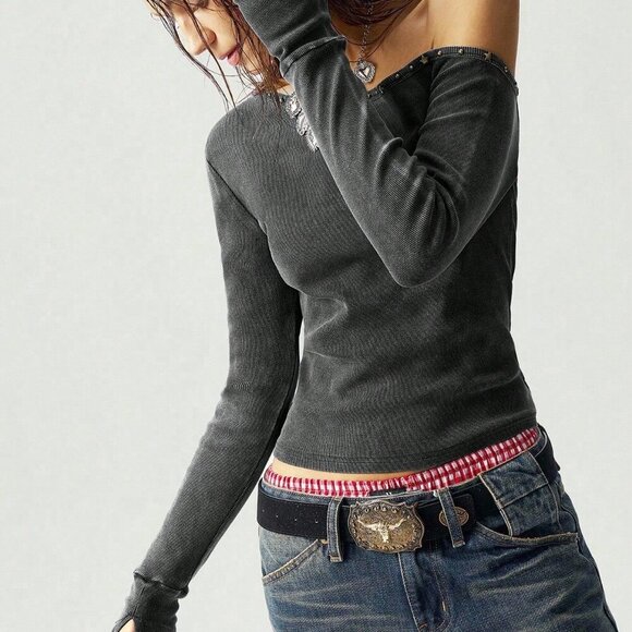 Grey Casual Women's Asymmetrical Neck  longSleeve T-Shirt top - Picture 4 of 6